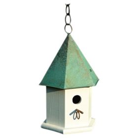 White Wood Bird House with Verdi Green Copper Roof - Made in USA White Wood Bird House with Verdi Green Copper Roof - Made in USA