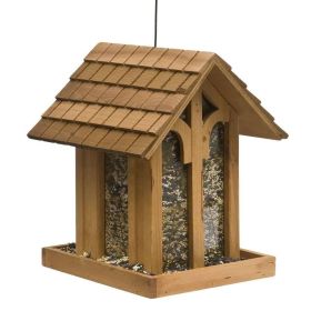 Wood House Shingled Roof Garden Bird Feeder with Perch Wood House Shingled Roof Garden Bird Feeder with Perch